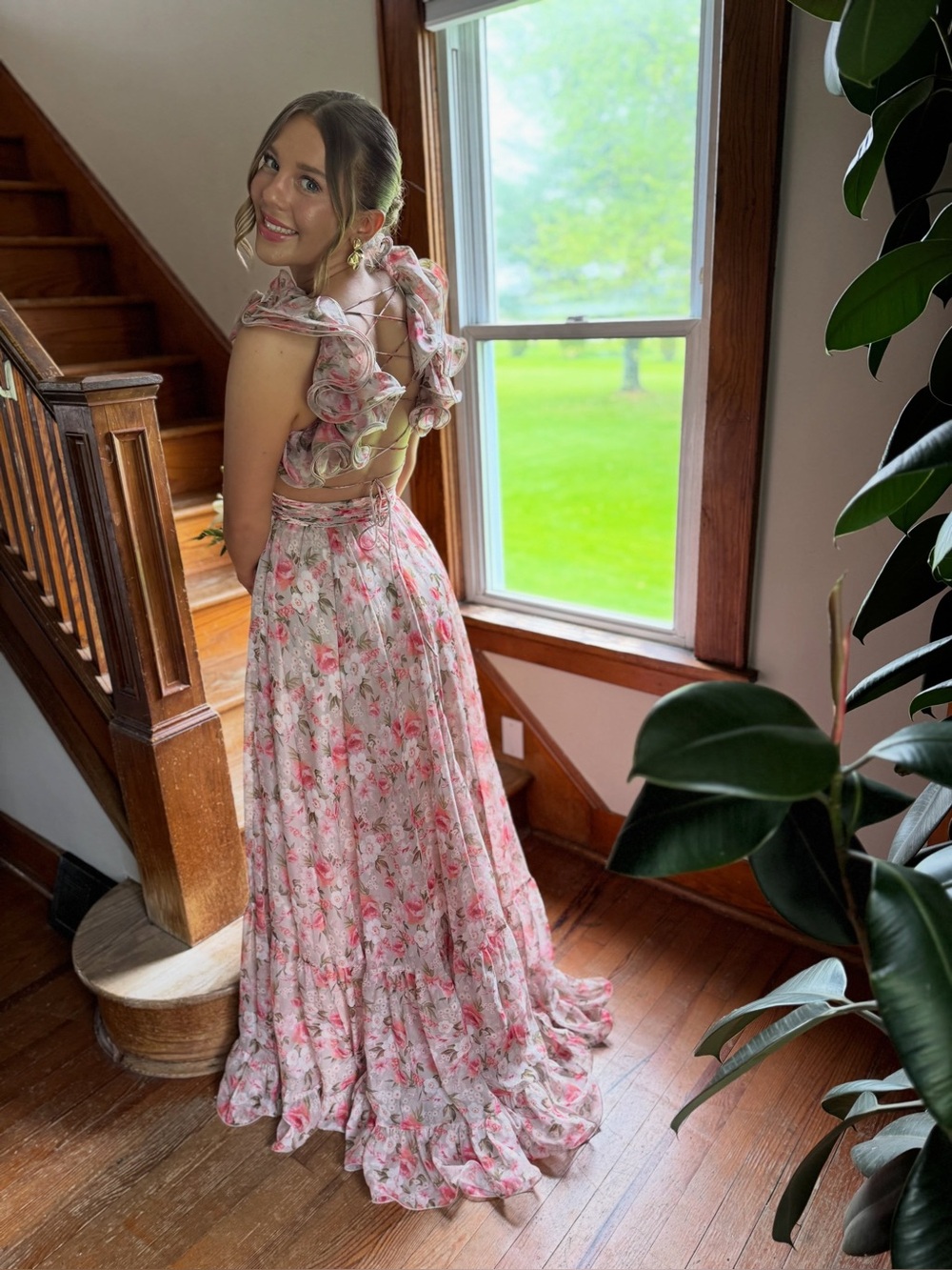 MAC DUGGAL Pink Ruffle Tiered Cut-Out Chiffon Floral Gown - Picture 13 of 16